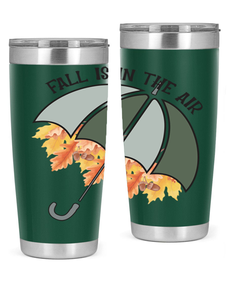 Fall is in the Air 20oz Tumbler made of stainless steel with a copper lining, featuring a drink-thru lid and a stylish autumn-themed design.
