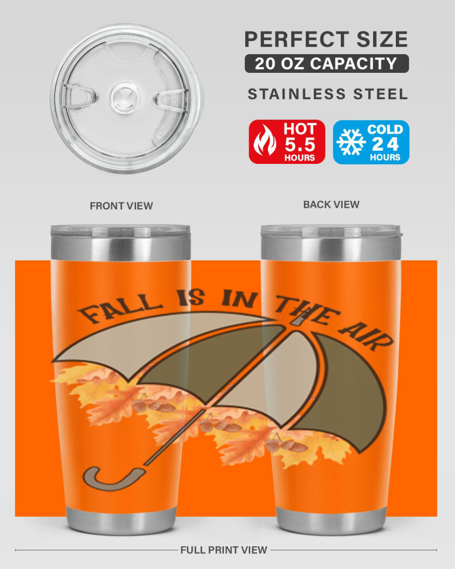 Fall is in the Air 20oz Tumbler made of stainless steel with a copper lining, featuring a drink-thru lid and a stylish autumn-themed design.