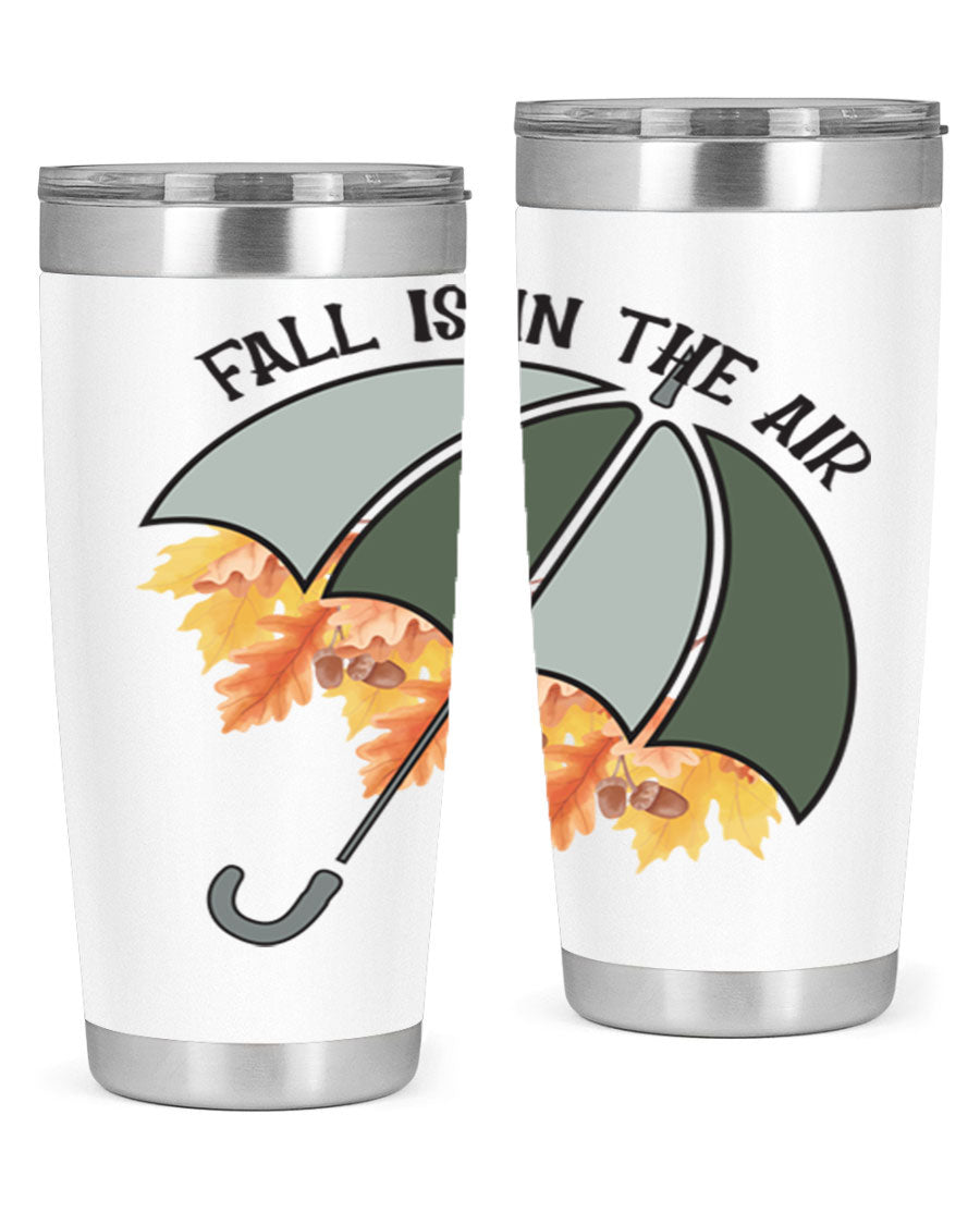 Fall is in the Air 20oz Tumbler made of stainless steel with a copper lining, featuring a drink-thru lid and a stylish autumn-themed design.