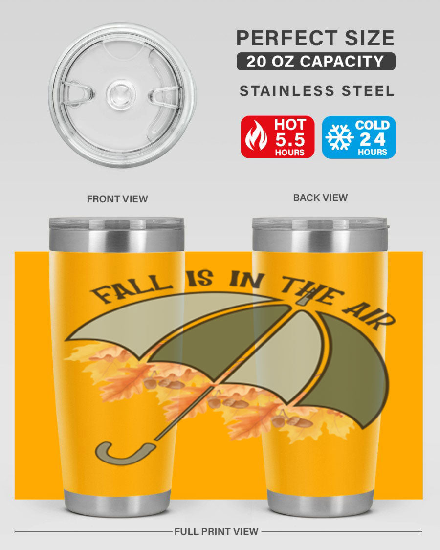 Fall is in the Air 20oz Tumbler made of stainless steel with a copper lining, featuring a drink-thru lid and a stylish autumn-themed design.