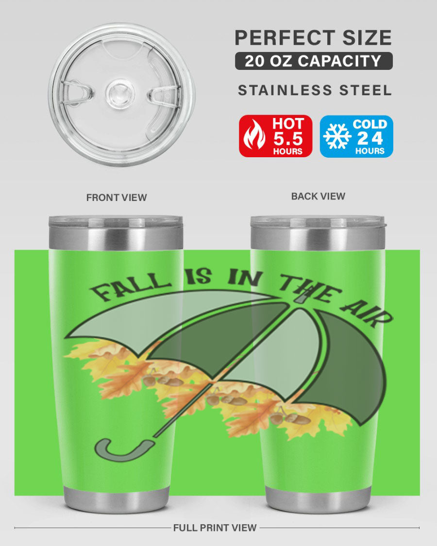 Fall is in the Air 20oz Tumbler made of stainless steel with a copper lining, featuring a drink-thru lid and a stylish autumn-themed design.