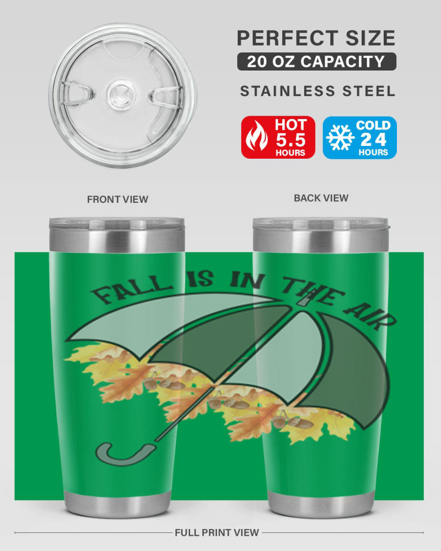 Fall is in the Air 20oz Tumbler made of stainless steel with a copper lining, featuring a drink-thru lid and a stylish autumn-themed design.