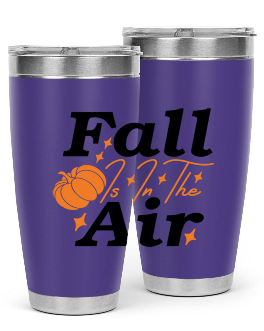 Fall Is In The Air 20oz Tumbler featuring a stylish autumn design, made of double wall vacuum stainless steel with a drink-thru lid.