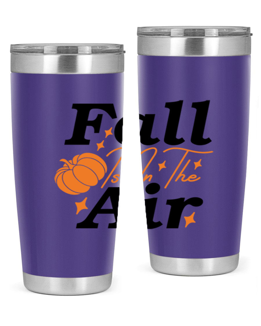 Fall Is In The Air 20oz Tumbler featuring a stylish autumn design, made of double wall vacuum stainless steel with a drink-thru lid.