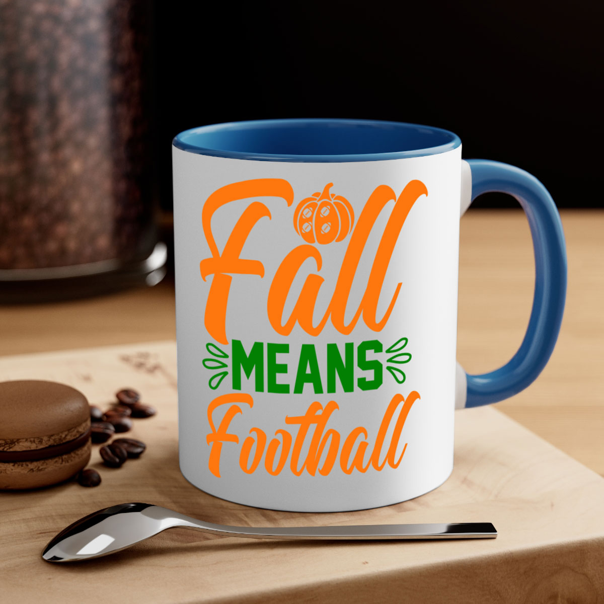 Fall Means Football 122# Mug with colored handle and glossy finish, available in multiple colors and sizes.