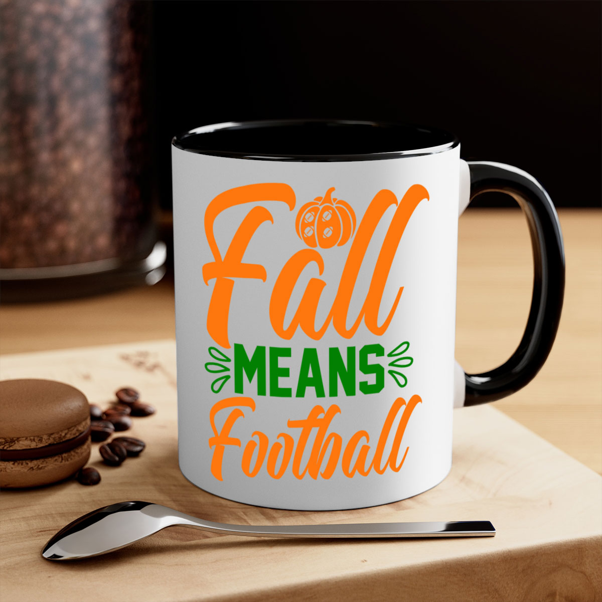 Fall Means Football 122# Mug with colored handle and glossy finish, available in multiple colors and sizes.