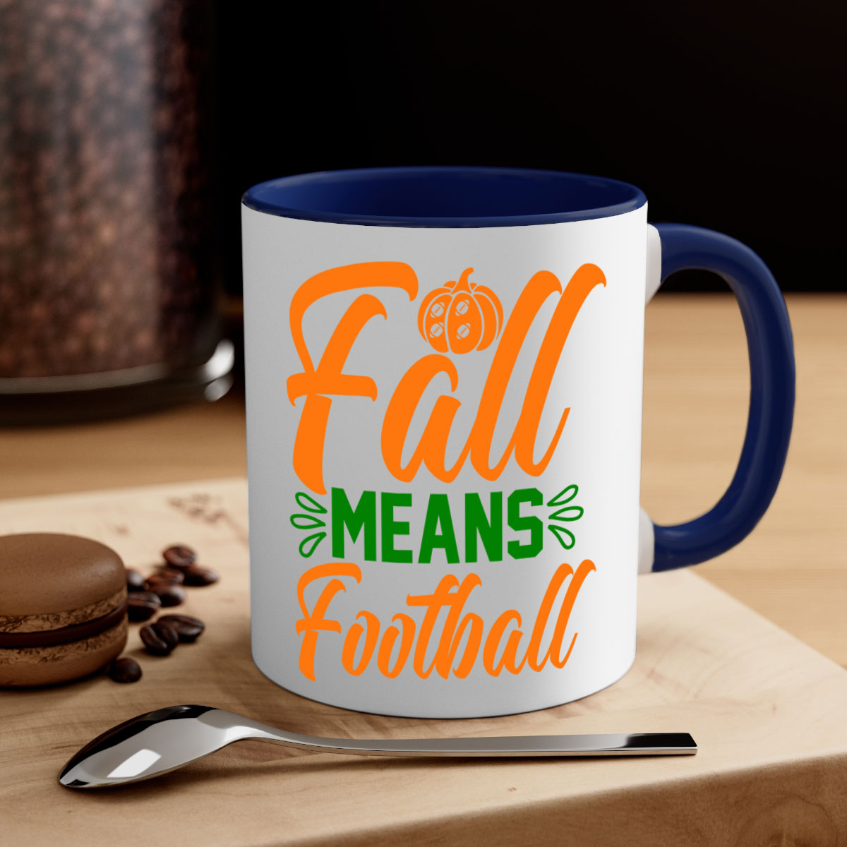 Fall Means Football 122# Mug with colored handle and glossy finish, available in multiple colors and sizes.