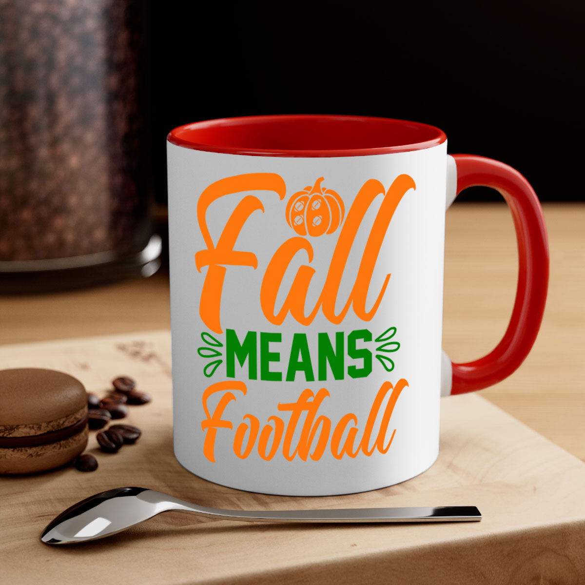 Fall Means Football 122# Mug with colored handle and glossy finish, available in multiple colors and sizes.