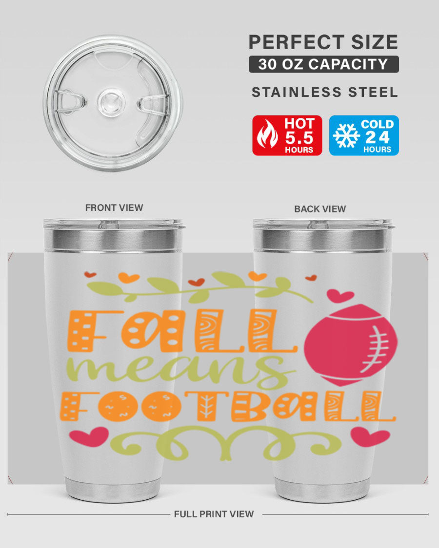 Fall Means Football 20oz Tumbler featuring double wall vacuum stainless steel design with copper lining, perfect for hot and cold beverages.