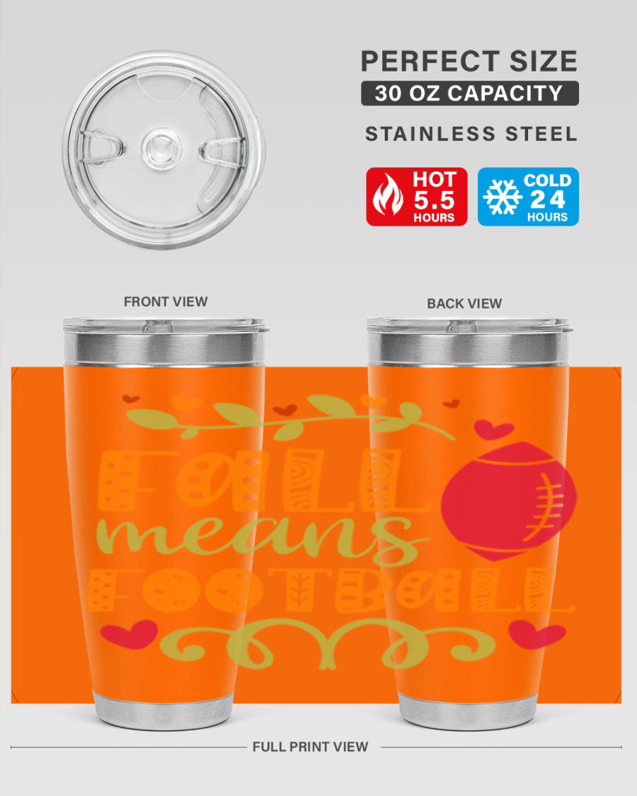 Fall Means Football 20oz Tumbler featuring double wall vacuum stainless steel design with copper lining, perfect for hot and cold beverages.