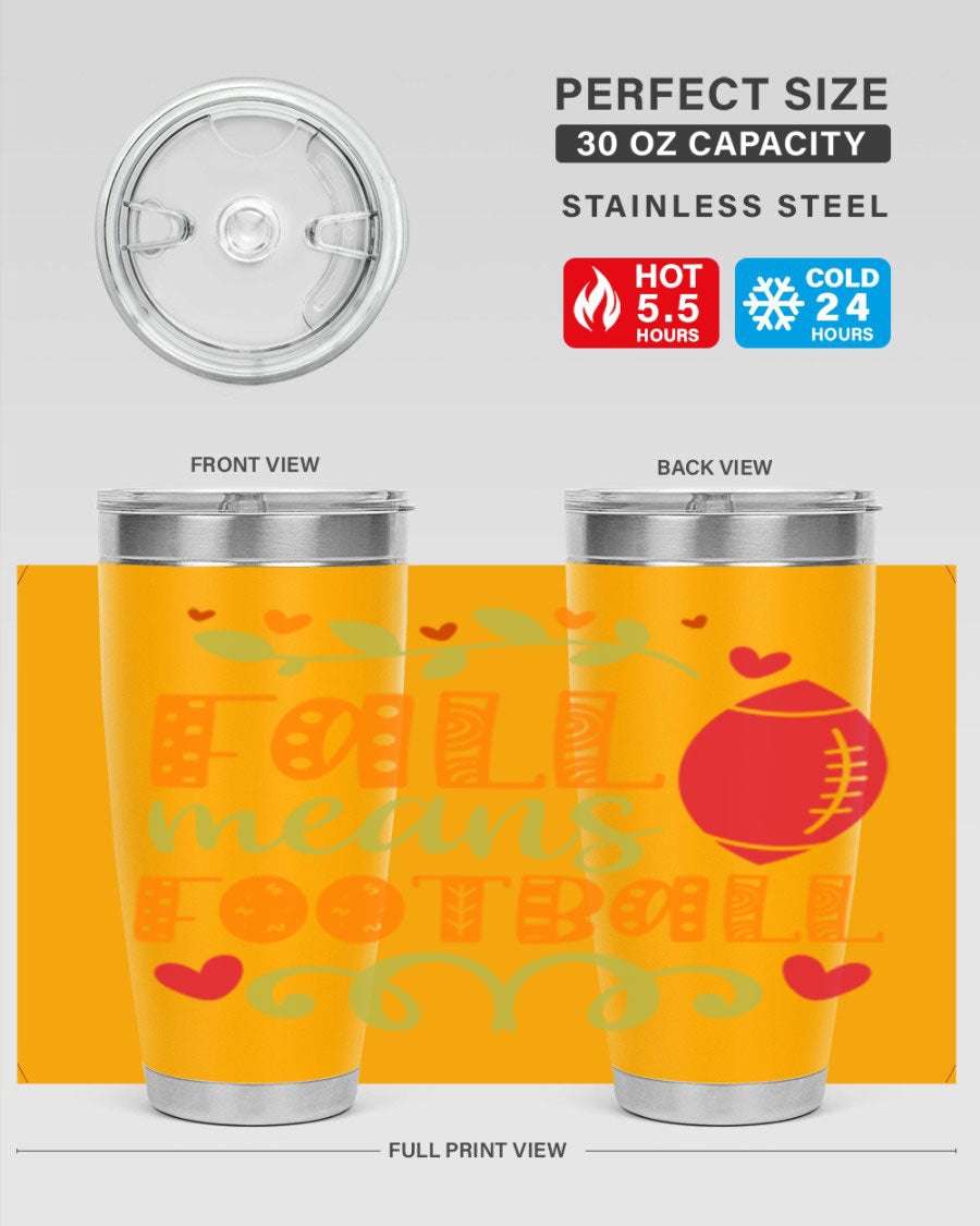 Fall Means Football 20oz Tumbler featuring double wall vacuum stainless steel design with copper lining, perfect for hot and cold beverages.