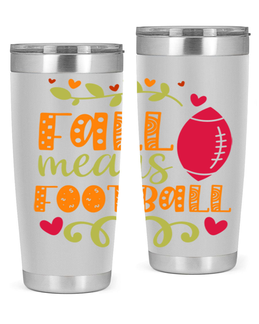 Fall Means Football 20oz Tumbler featuring double wall vacuum stainless steel design with copper lining, perfect for hot and cold beverages.