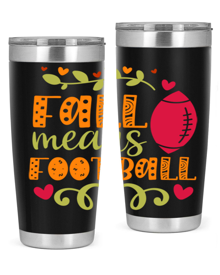 Fall Means Football 20oz Tumbler featuring double wall vacuum stainless steel design with copper lining, perfect for hot and cold beverages.