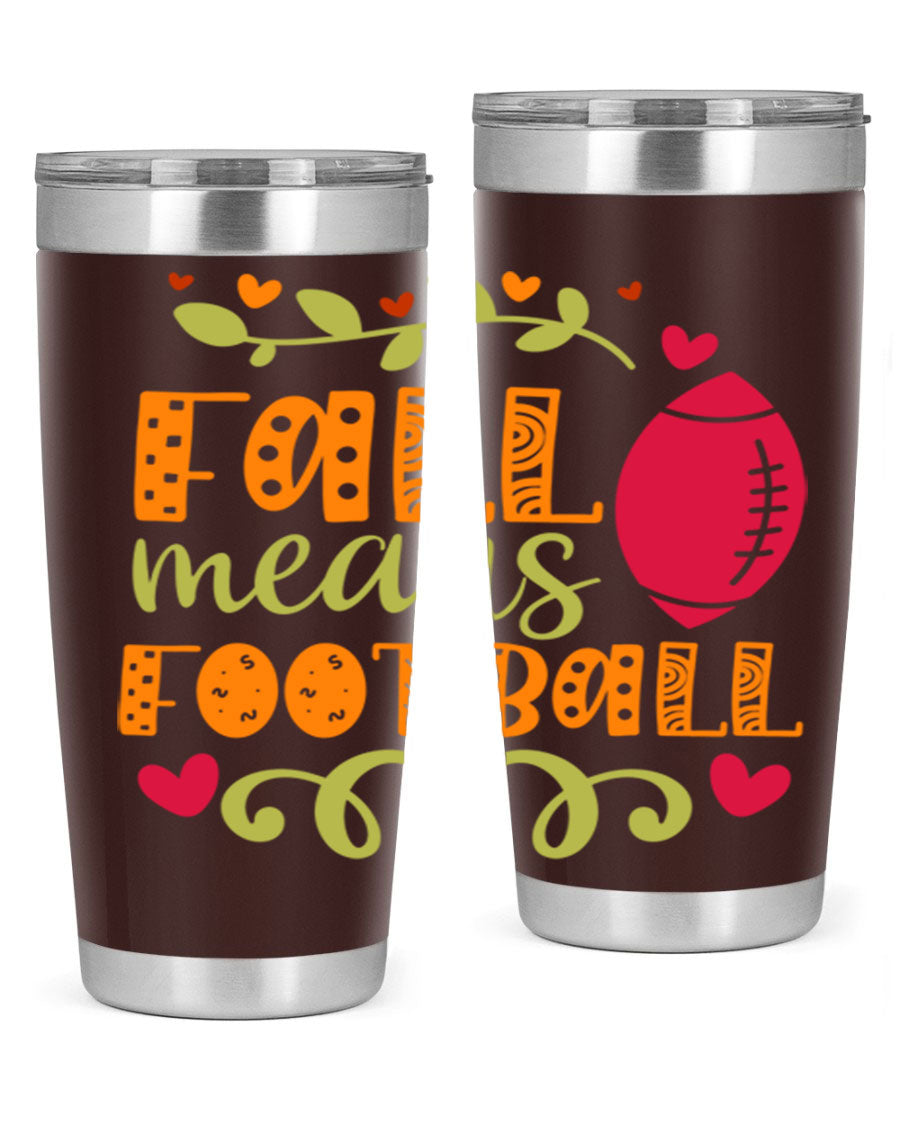 Fall Means Football 20oz Tumbler featuring double wall vacuum stainless steel design with copper lining, perfect for hot and cold beverages.