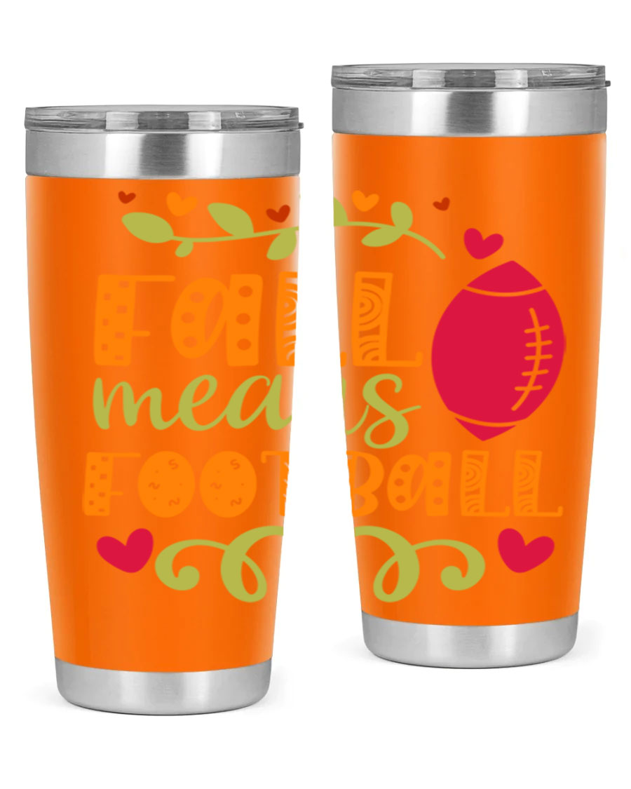 Fall Means Football 20oz Tumbler featuring double wall vacuum stainless steel design with copper lining, perfect for hot and cold beverages.