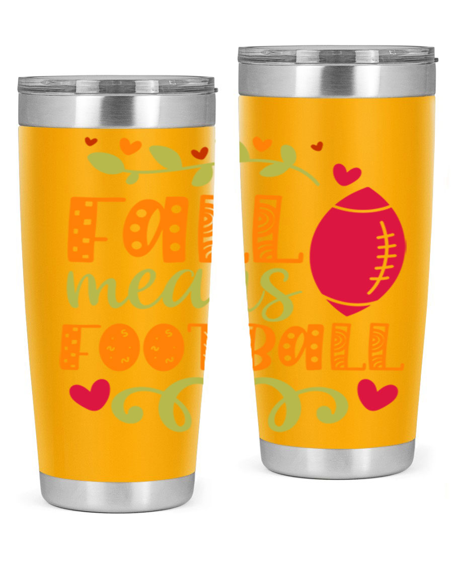 Fall Means Football 20oz Tumbler featuring double wall vacuum stainless steel design with copper lining, perfect for hot and cold beverages.
