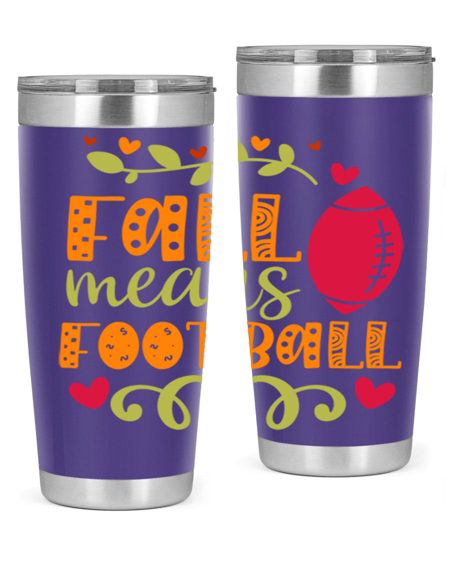 Fall Means Football 20oz Tumbler featuring double wall vacuum stainless steel design with copper lining, perfect for hot and cold beverages.