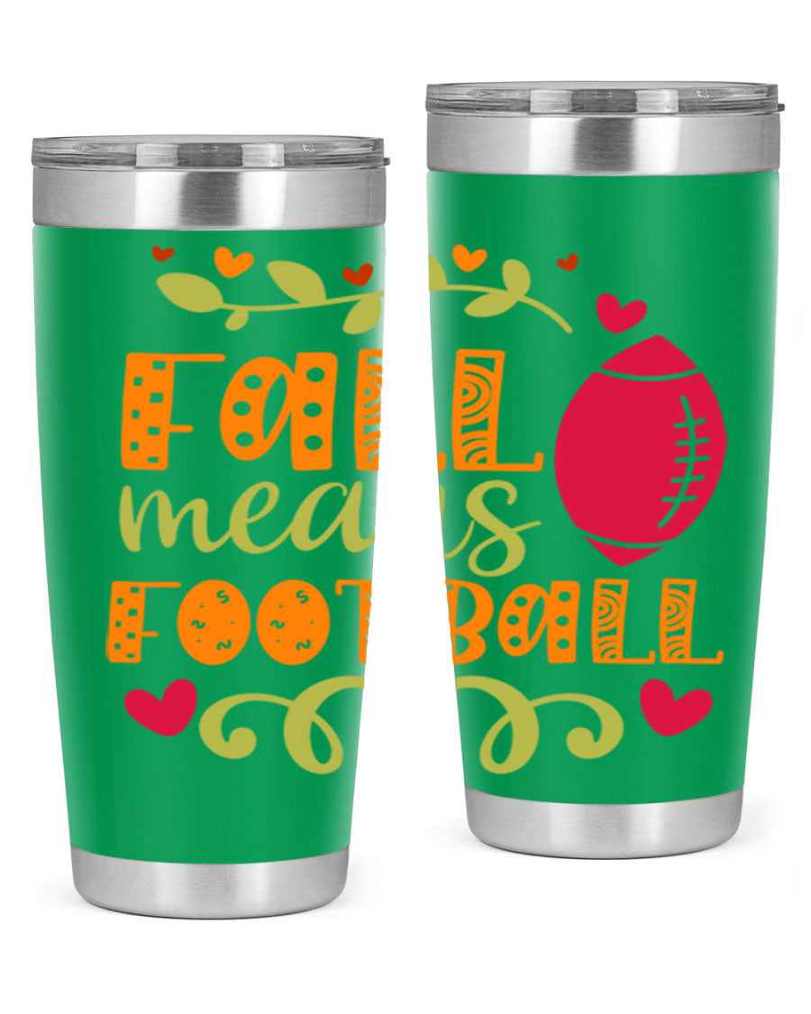 Fall Means Football 20oz Tumbler featuring double wall vacuum stainless steel design with copper lining, perfect for hot and cold beverages.