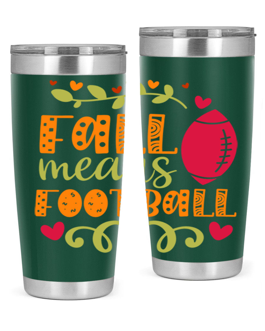 Fall Means Football 20oz Tumbler featuring double wall vacuum stainless steel design with copper lining, perfect for hot and cold beverages.
