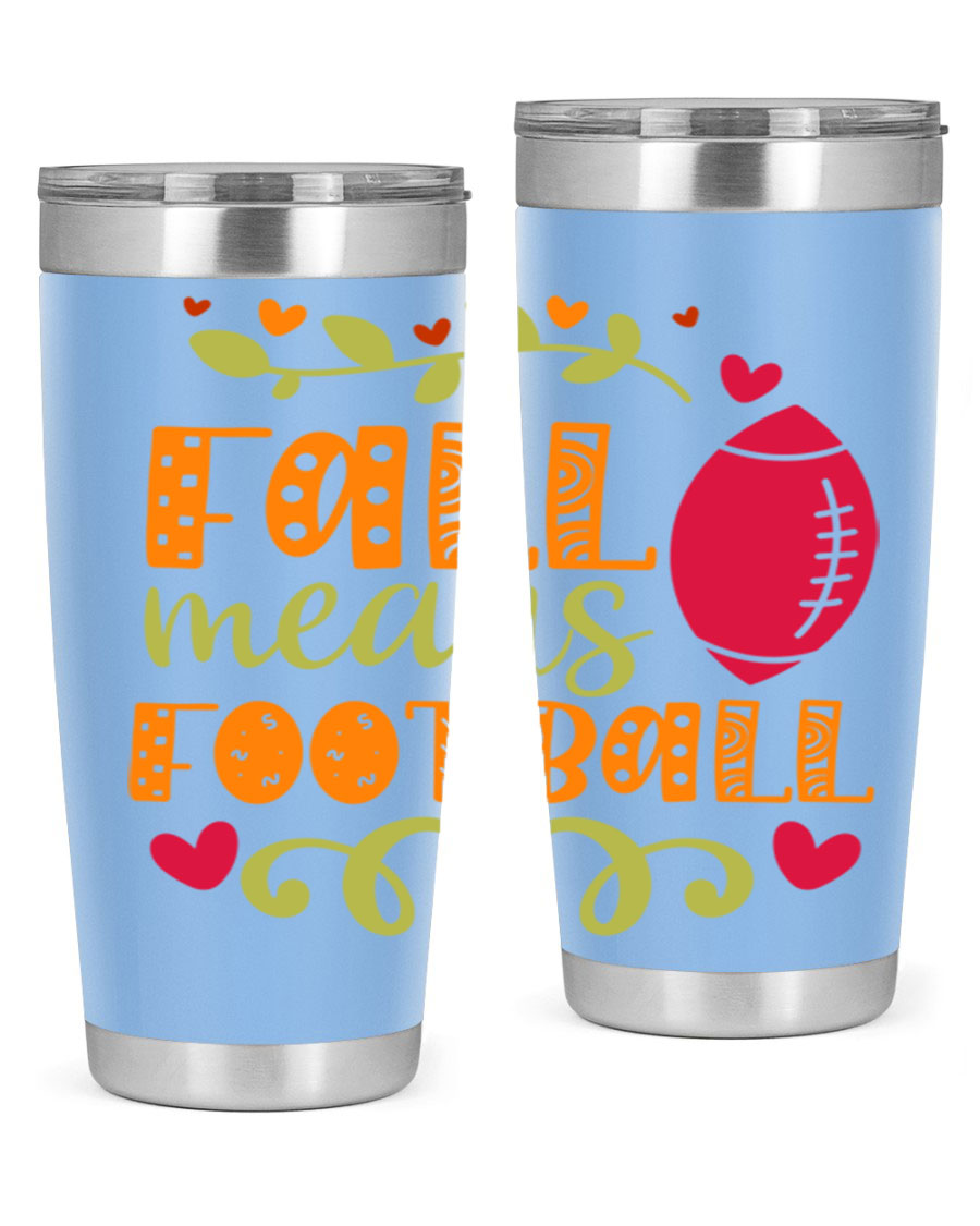 Fall Means Football 20oz Tumbler featuring double wall vacuum stainless steel design with copper lining, perfect for hot and cold beverages.