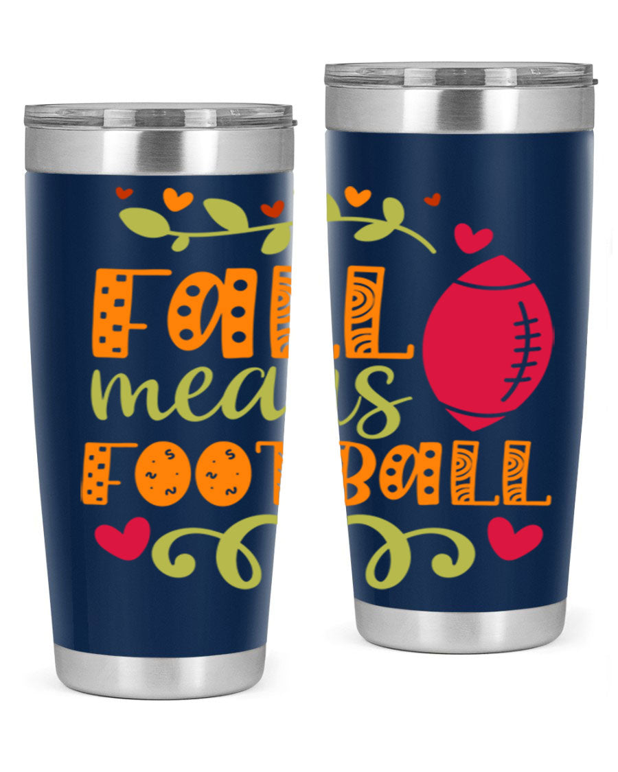 Fall Means Football 20oz Tumbler featuring double wall vacuum stainless steel design with copper lining, perfect for hot and cold beverages.