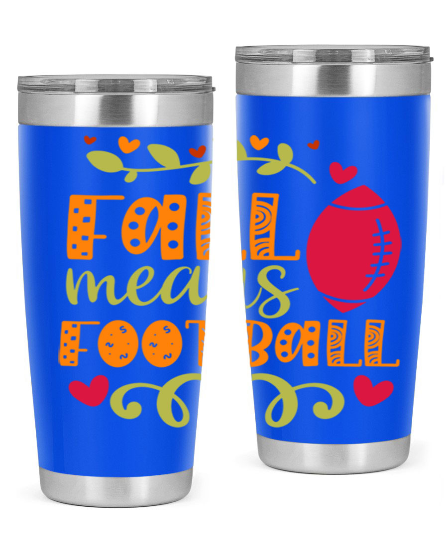 Fall Means Football 20oz Tumbler featuring double wall vacuum stainless steel design with copper lining, perfect for hot and cold beverages.