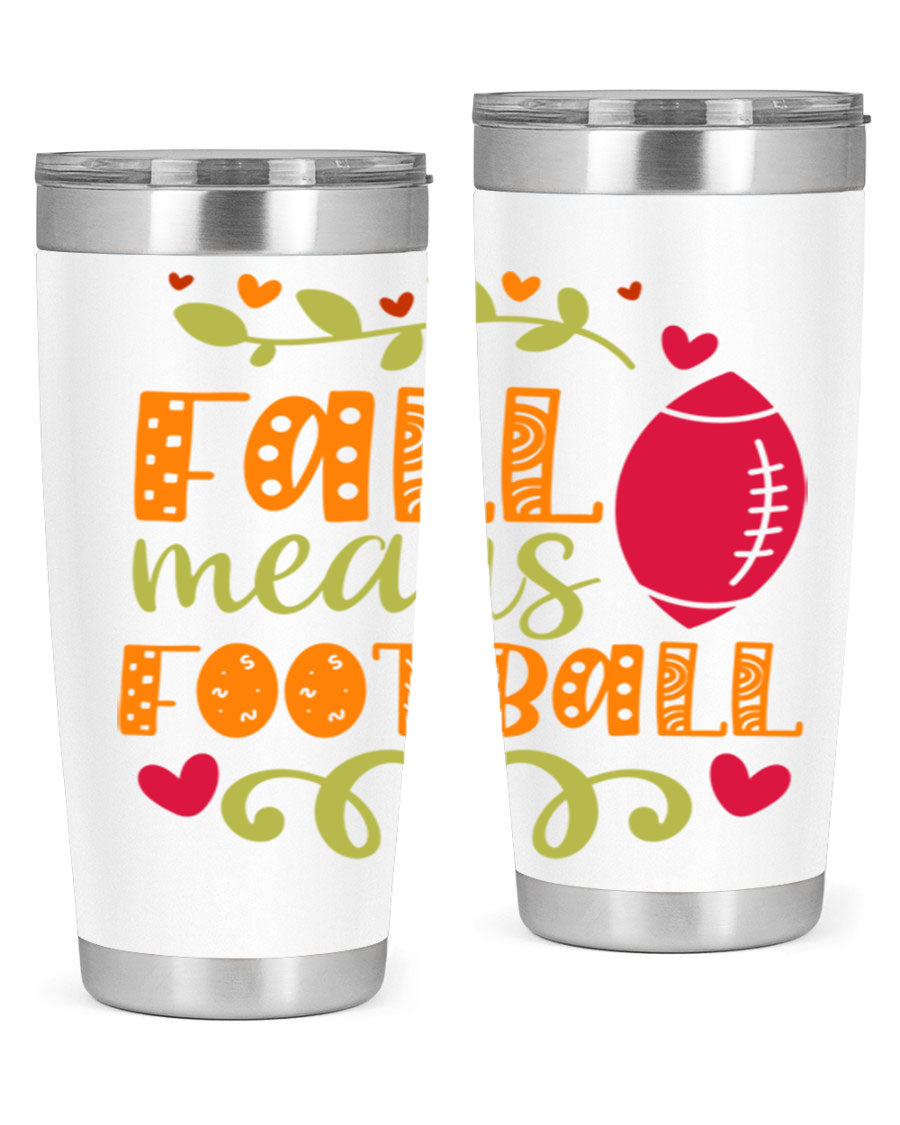 Fall Means Football 20oz Tumbler featuring double wall vacuum stainless steel design with copper lining, perfect for hot and cold beverages.