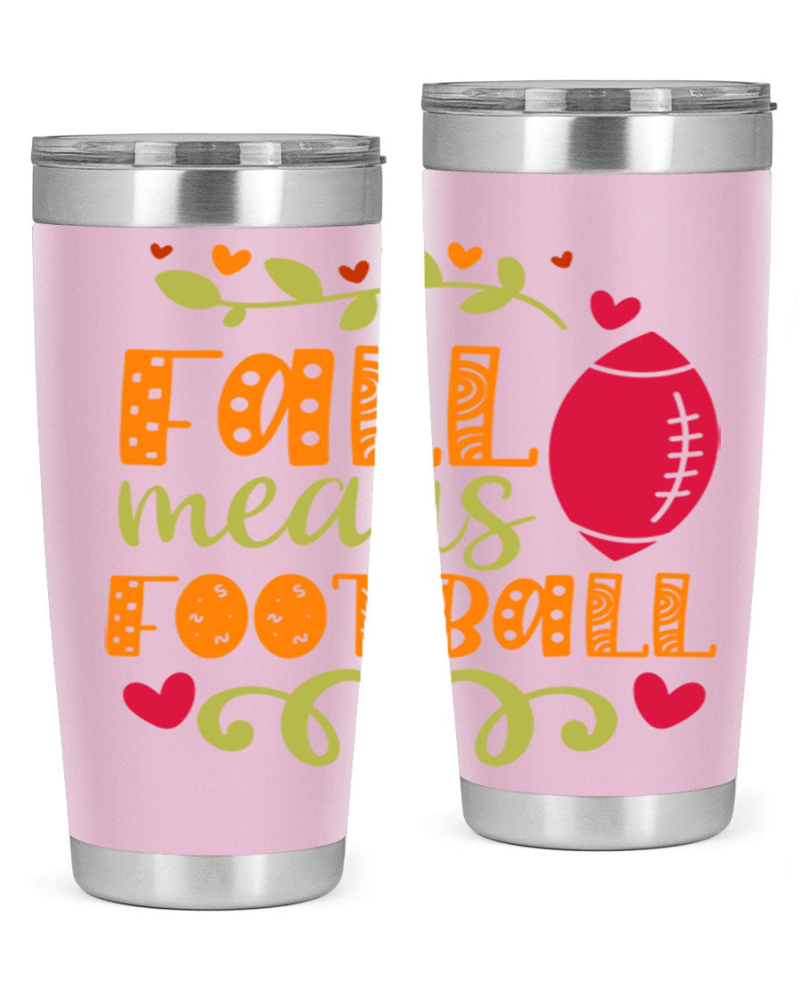 Fall Means Football 20oz Tumbler featuring double wall vacuum stainless steel design with copper lining, perfect for hot and cold beverages.