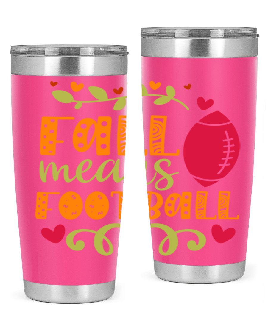 Fall Means Football 20oz Tumbler featuring double wall vacuum stainless steel design with copper lining, perfect for hot and cold beverages.