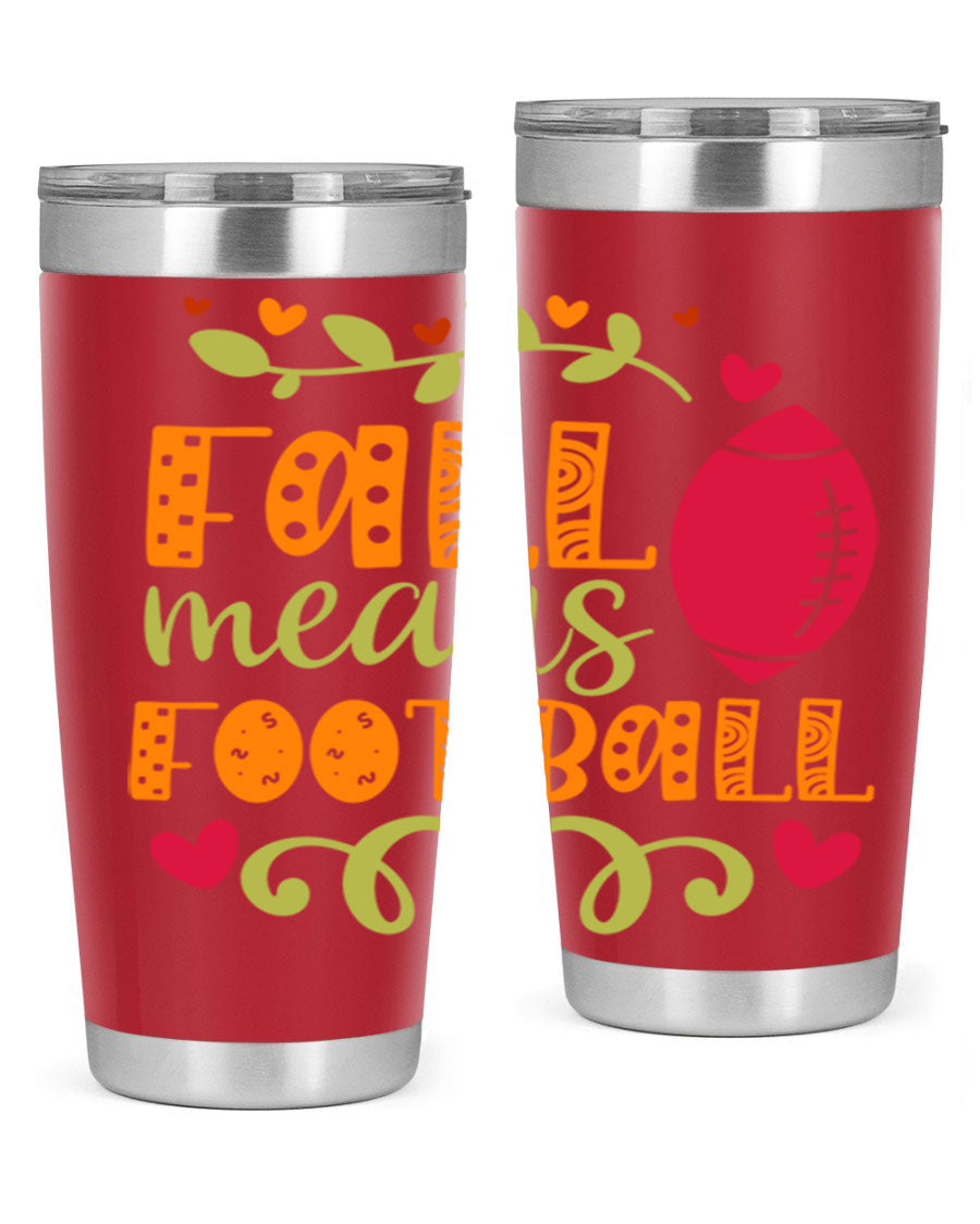 Fall Means Football 20oz Tumbler featuring double wall vacuum stainless steel design with copper lining, perfect for hot and cold beverages.