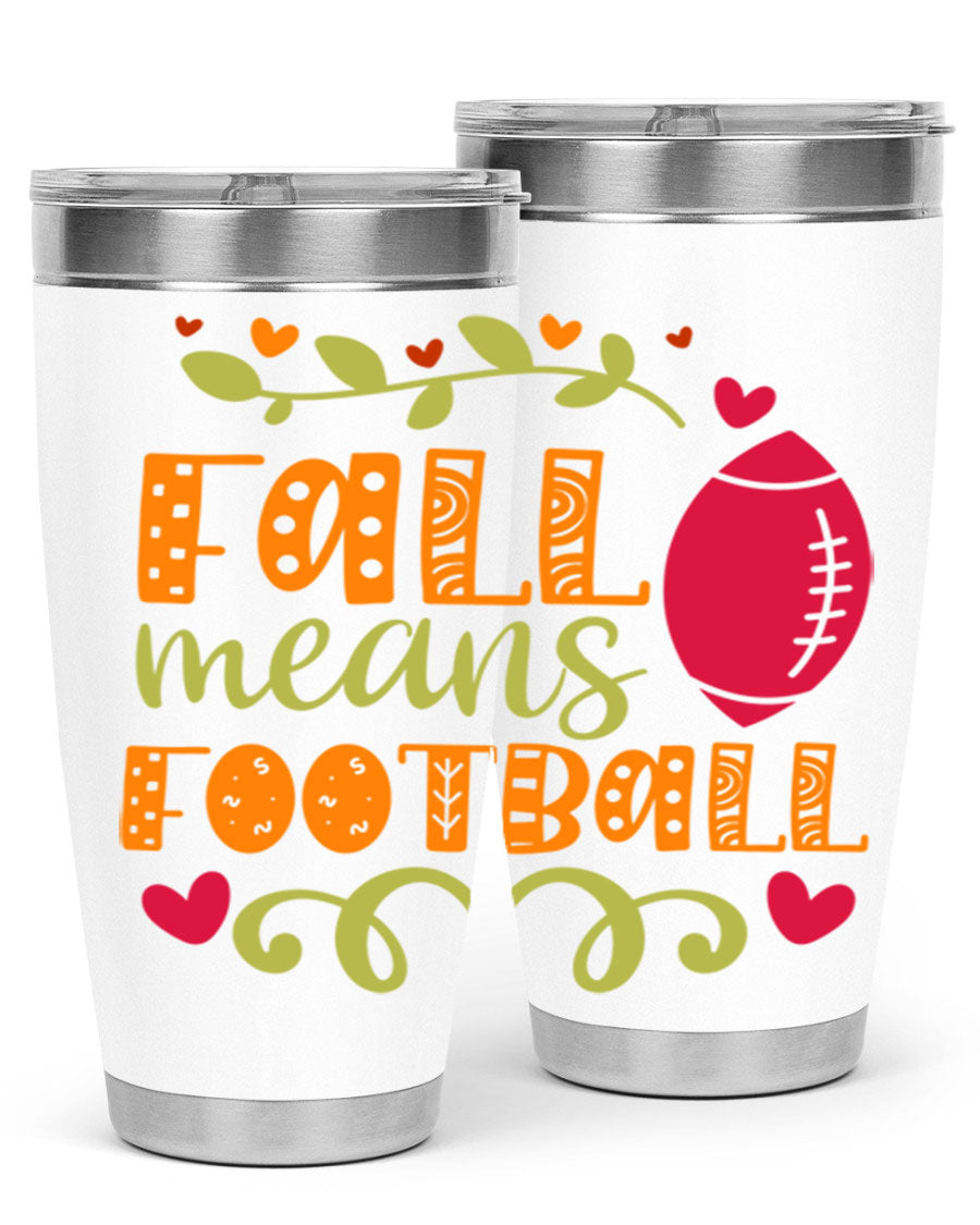 Fall Means Football 20oz Tumbler featuring double wall vacuum stainless steel design with copper lining, perfect for hot and cold beverages.