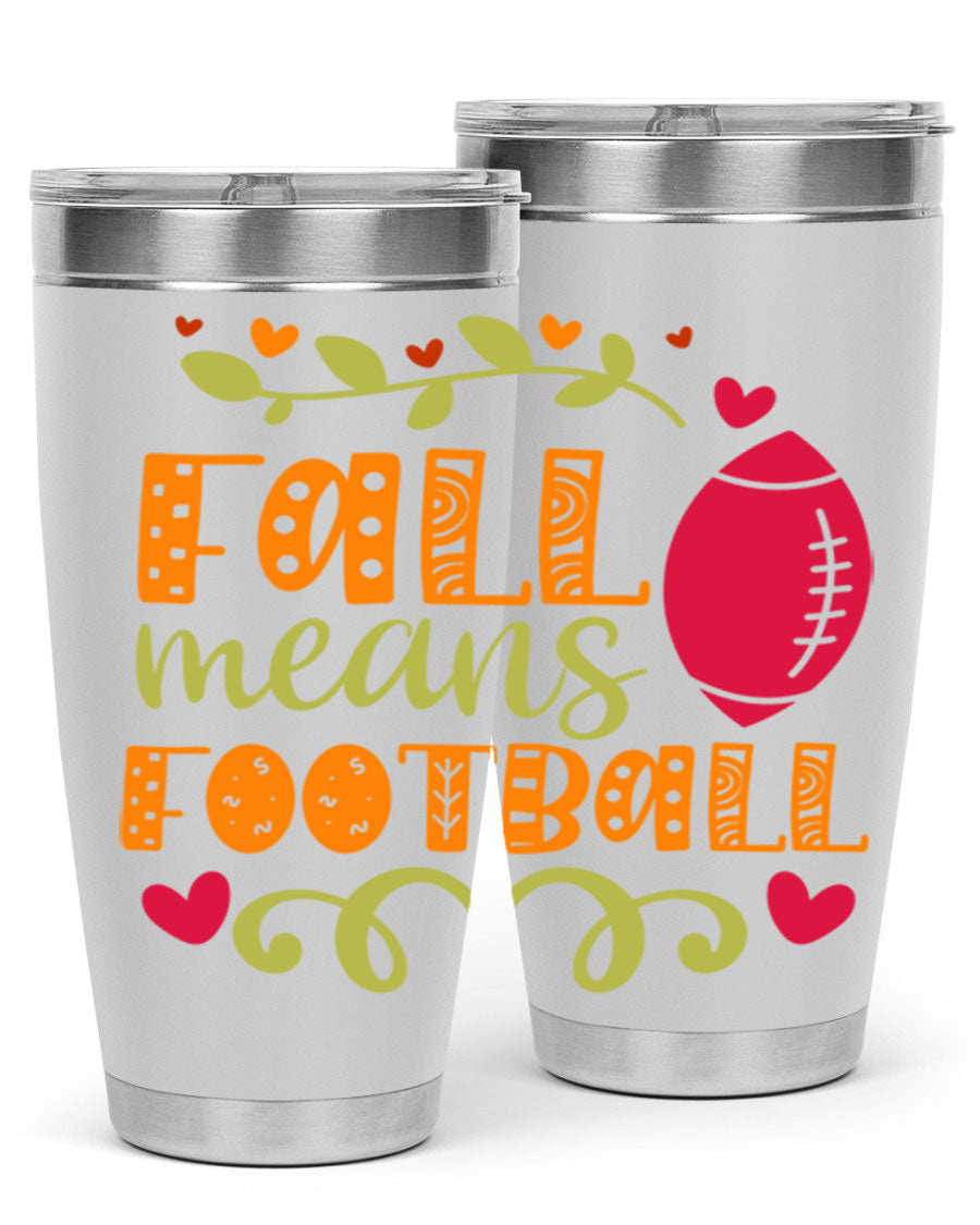 Fall Means Football 20oz Tumbler featuring double wall vacuum stainless steel design with copper lining, perfect for hot and cold beverages.