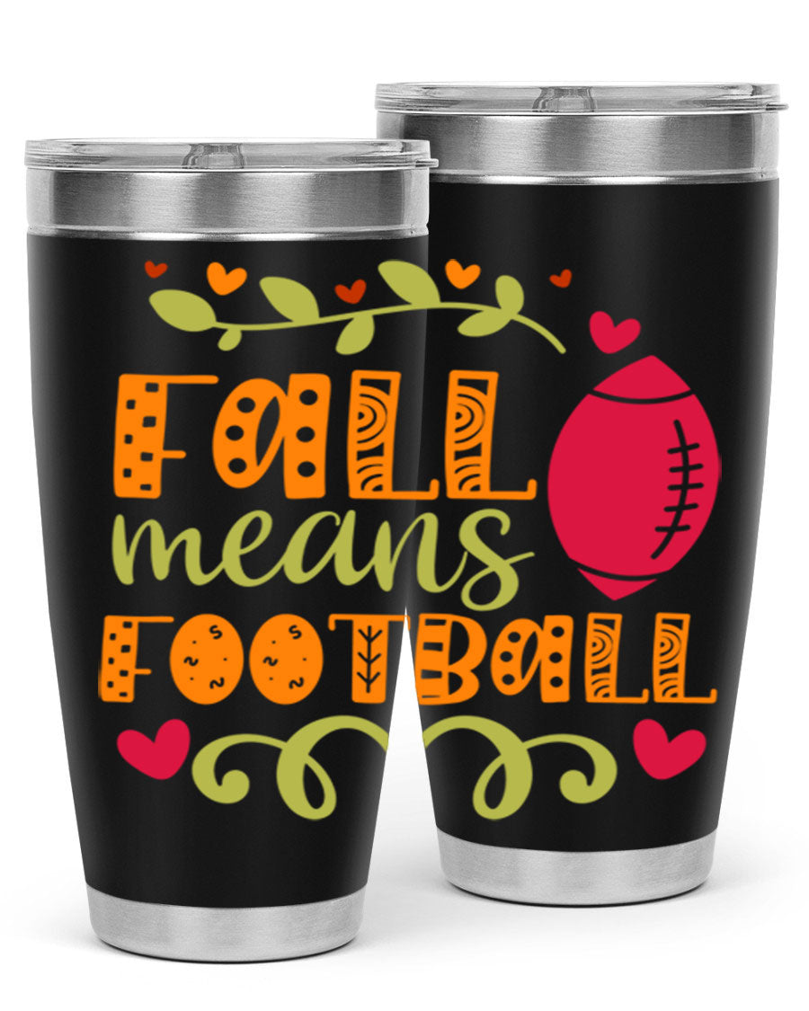 Fall Means Football 20oz Tumbler featuring double wall vacuum stainless steel design with copper lining, perfect for hot and cold beverages.