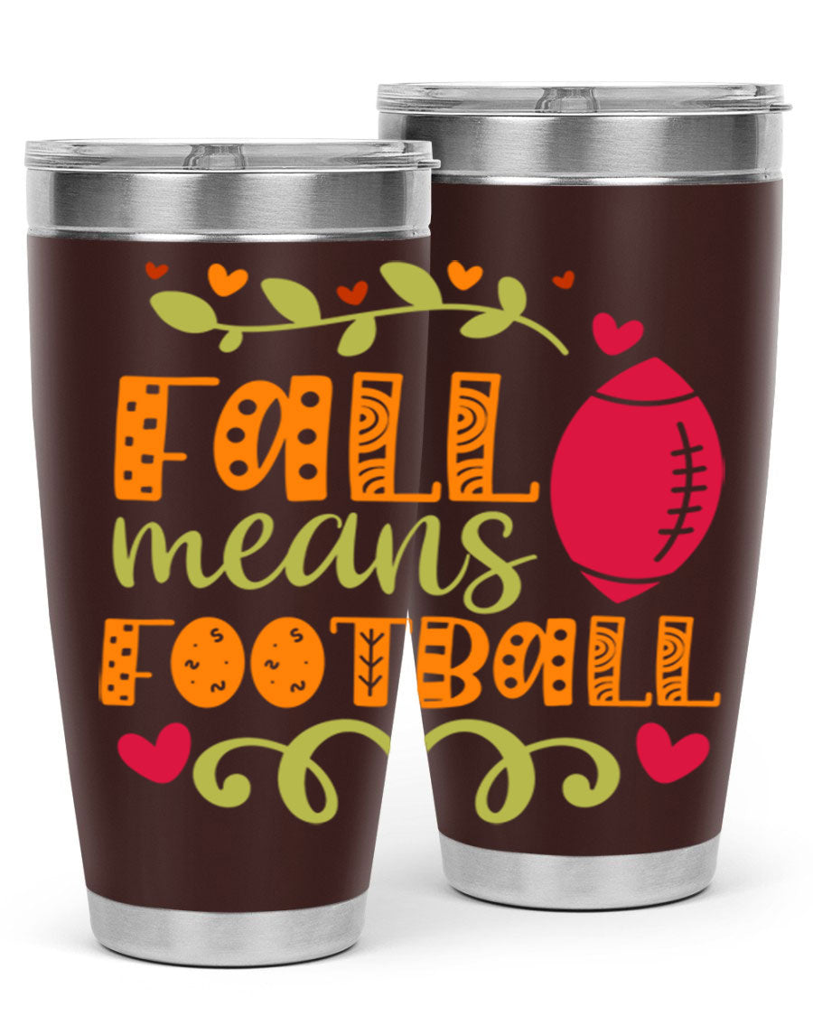 Fall Means Football 20oz Tumbler featuring double wall vacuum stainless steel design with copper lining, perfect for hot and cold beverages.