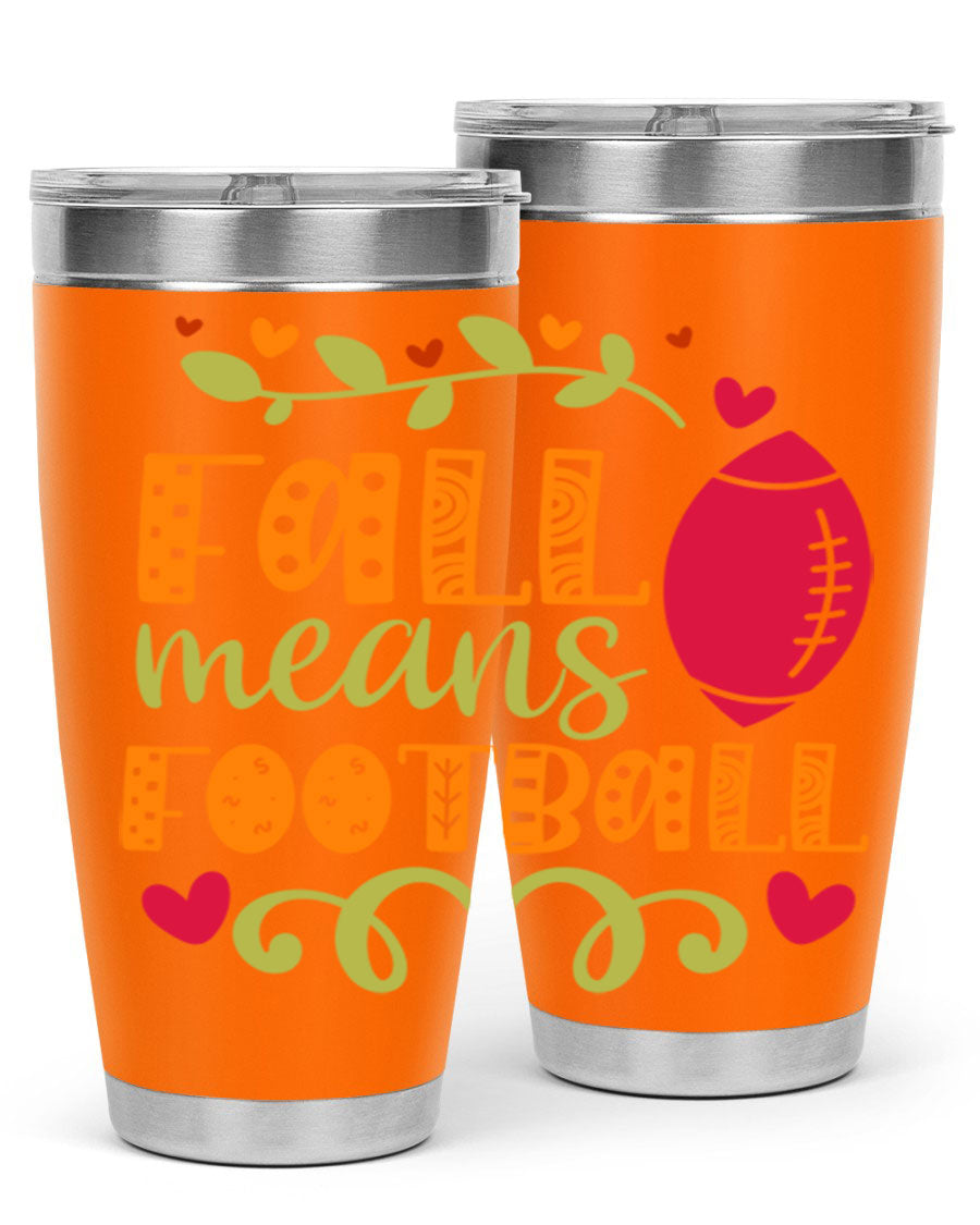 Fall Means Football 20oz Tumbler featuring double wall vacuum stainless steel design with copper lining, perfect for hot and cold beverages.