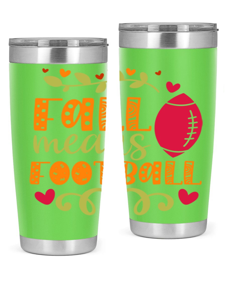 Fall Means Football 20oz Tumbler featuring double wall vacuum stainless steel design with copper lining, perfect for hot and cold beverages.