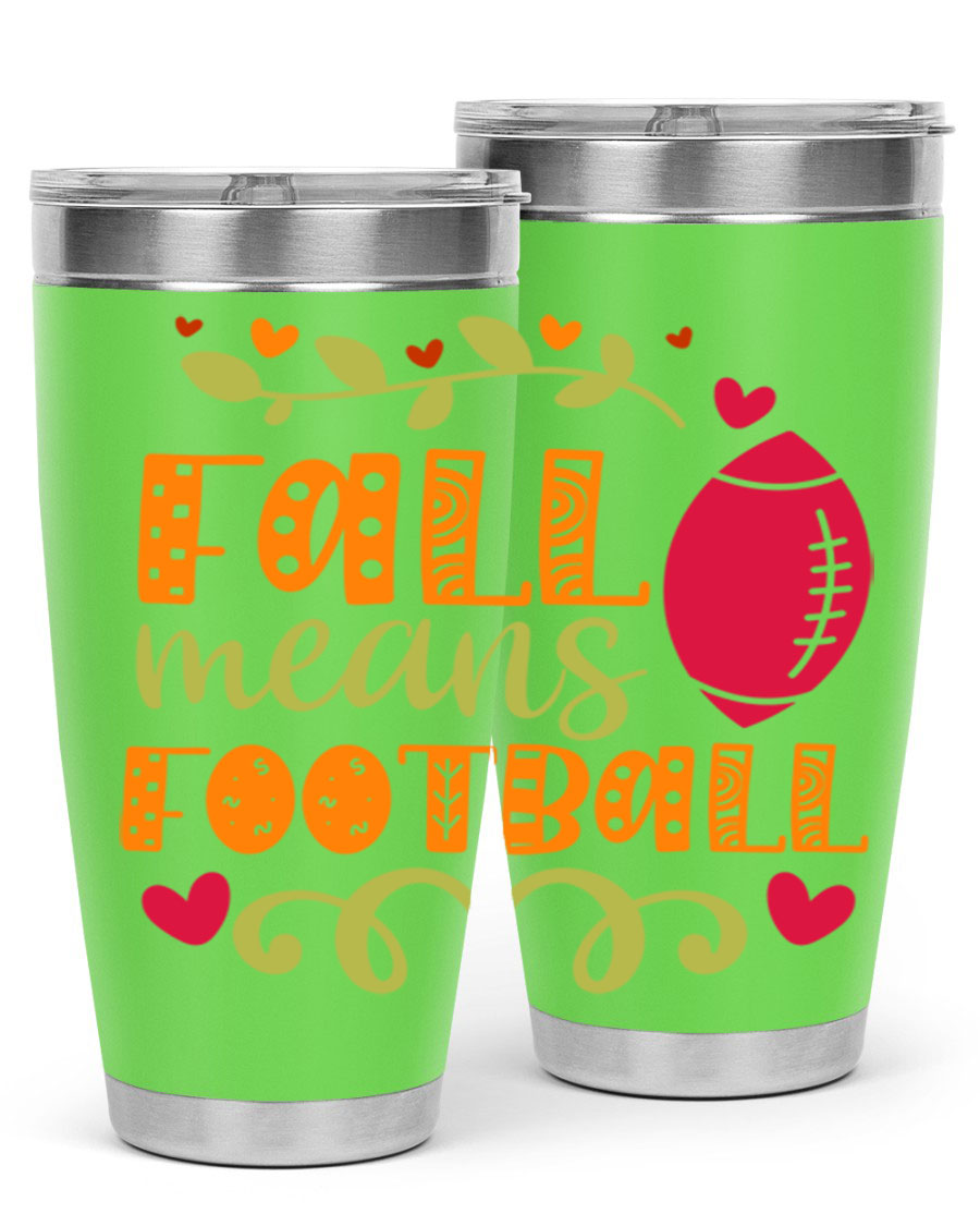 Fall Means Football 20oz Tumbler featuring double wall vacuum stainless steel design with copper lining, perfect for hot and cold beverages.