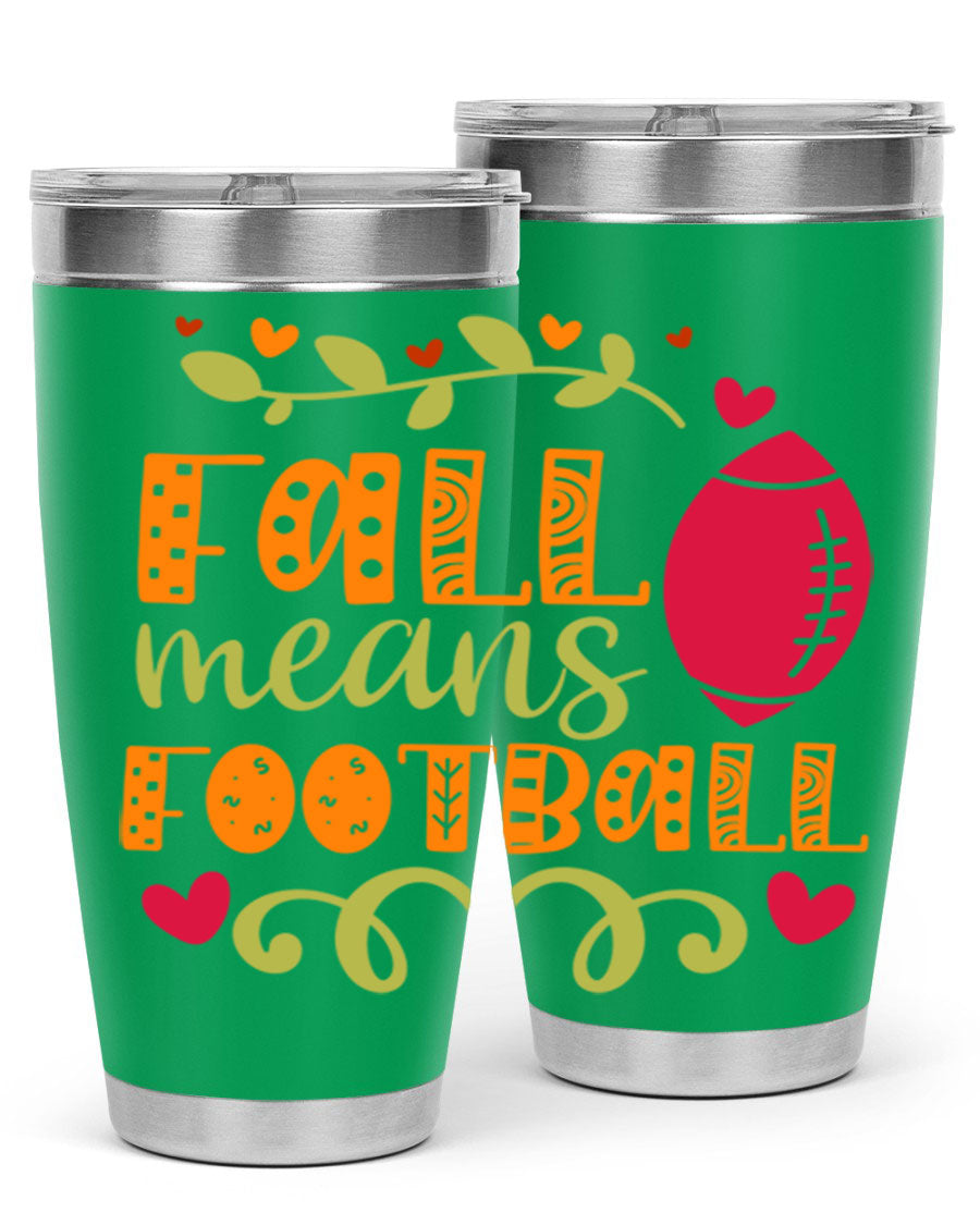 Fall Means Football 20oz Tumbler featuring double wall vacuum stainless steel design with copper lining, perfect for hot and cold beverages.