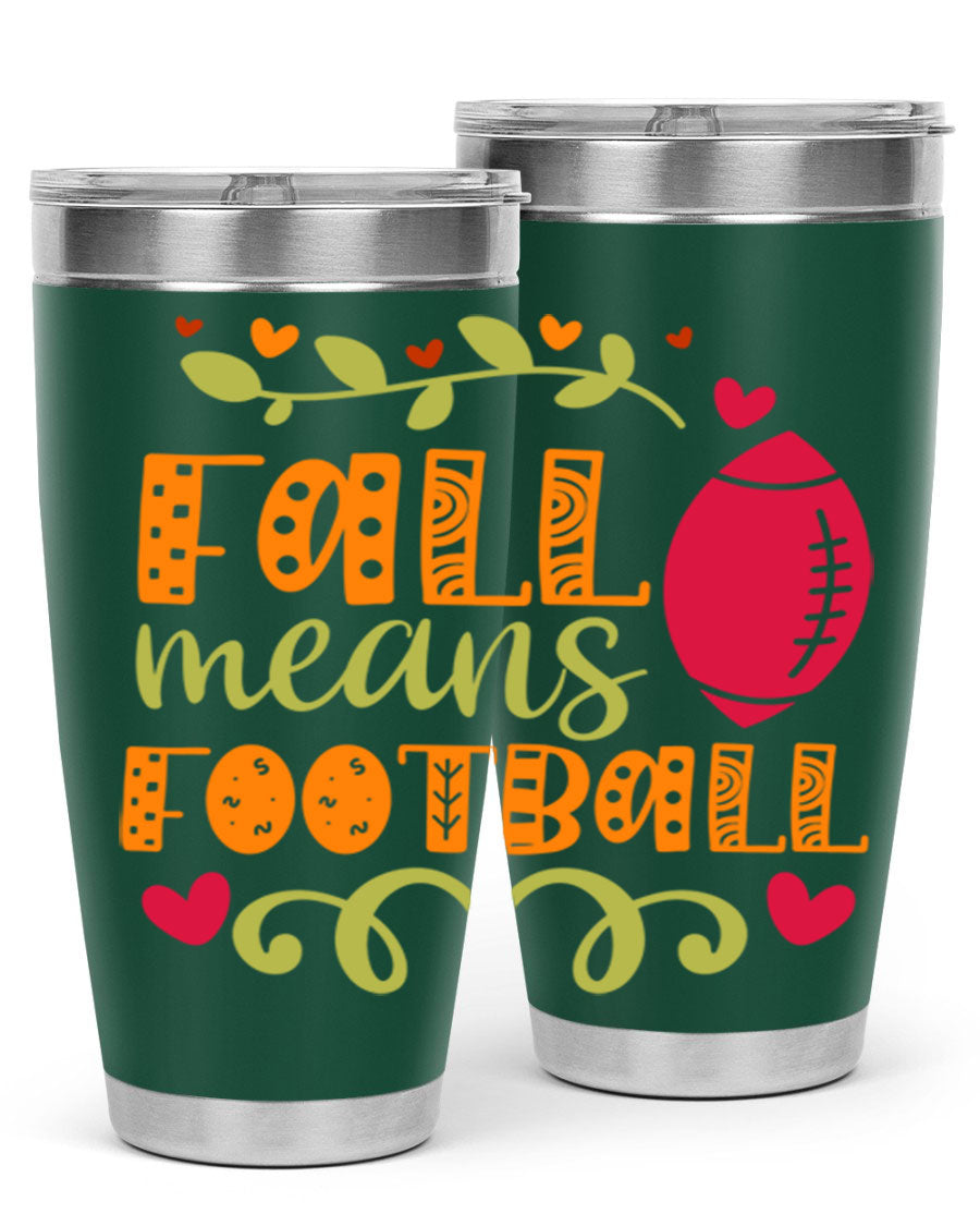 Fall Means Football 20oz Tumbler featuring double wall vacuum stainless steel design with copper lining, perfect for hot and cold beverages.