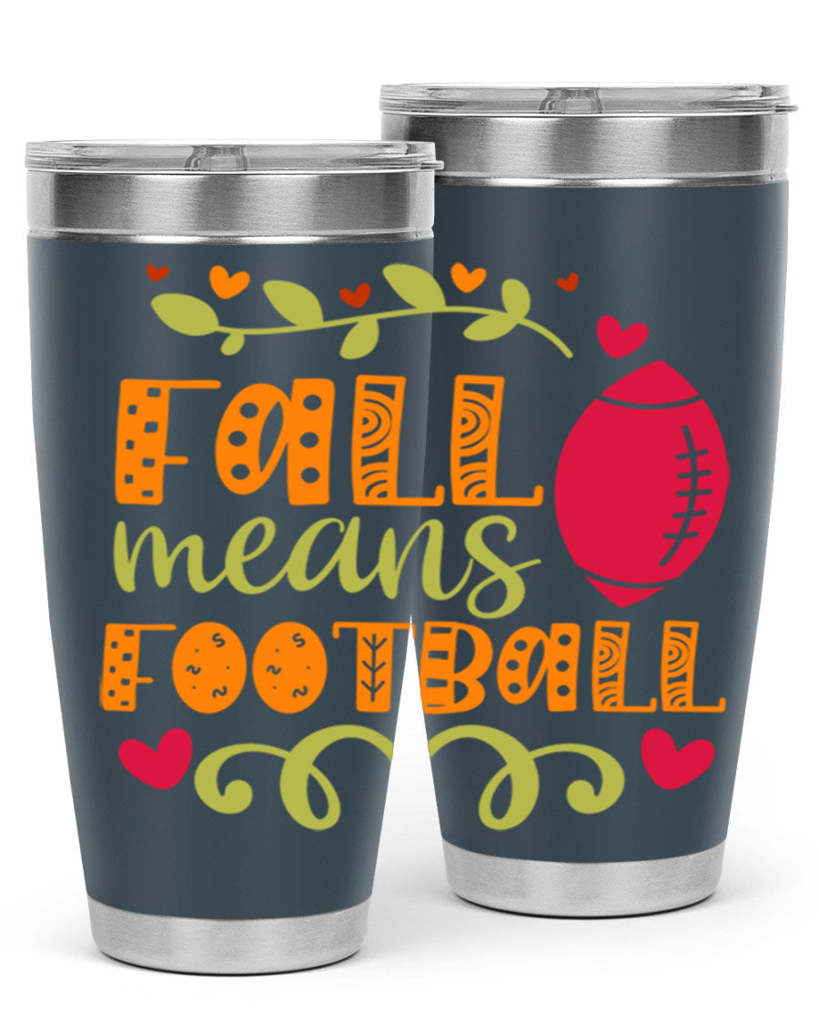 Fall Means Football 20oz Tumbler featuring double wall vacuum stainless steel design with copper lining, perfect for hot and cold beverages.