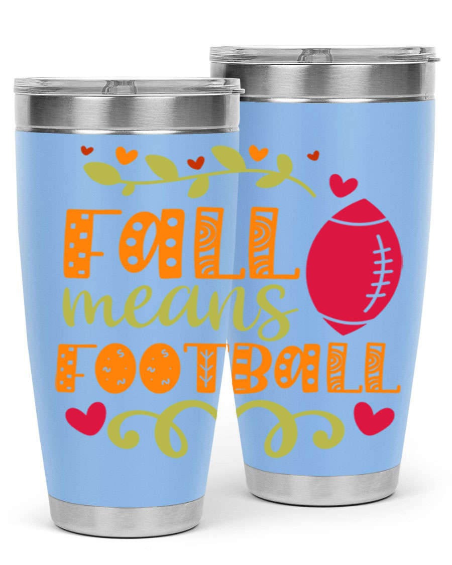 Fall Means Football 20oz Tumbler featuring double wall vacuum stainless steel design with copper lining, perfect for hot and cold beverages.
