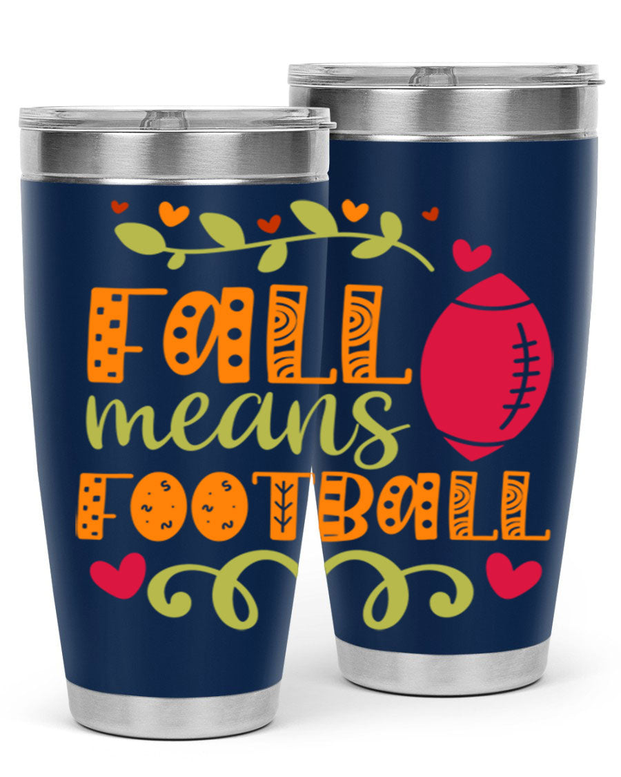Fall Means Football 20oz Tumbler featuring double wall vacuum stainless steel design with copper lining, perfect for hot and cold beverages.