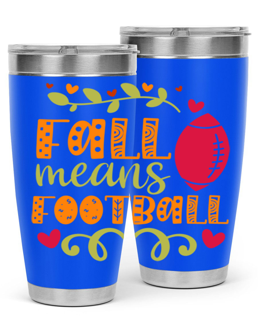 Fall Means Football 20oz Tumbler featuring double wall vacuum stainless steel design with copper lining, perfect for hot and cold beverages.