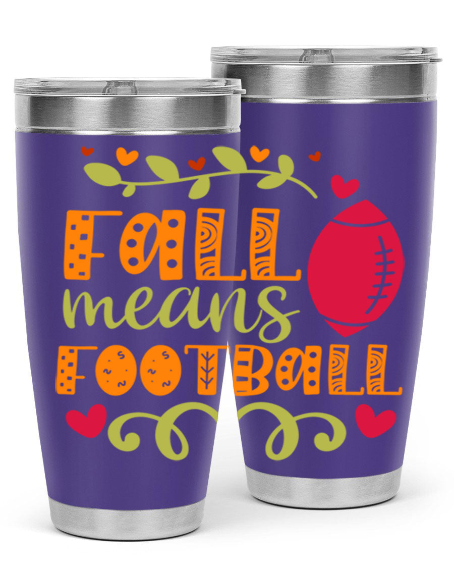 Fall Means Football 20oz Tumbler featuring double wall vacuum stainless steel design with copper lining, perfect for hot and cold beverages.