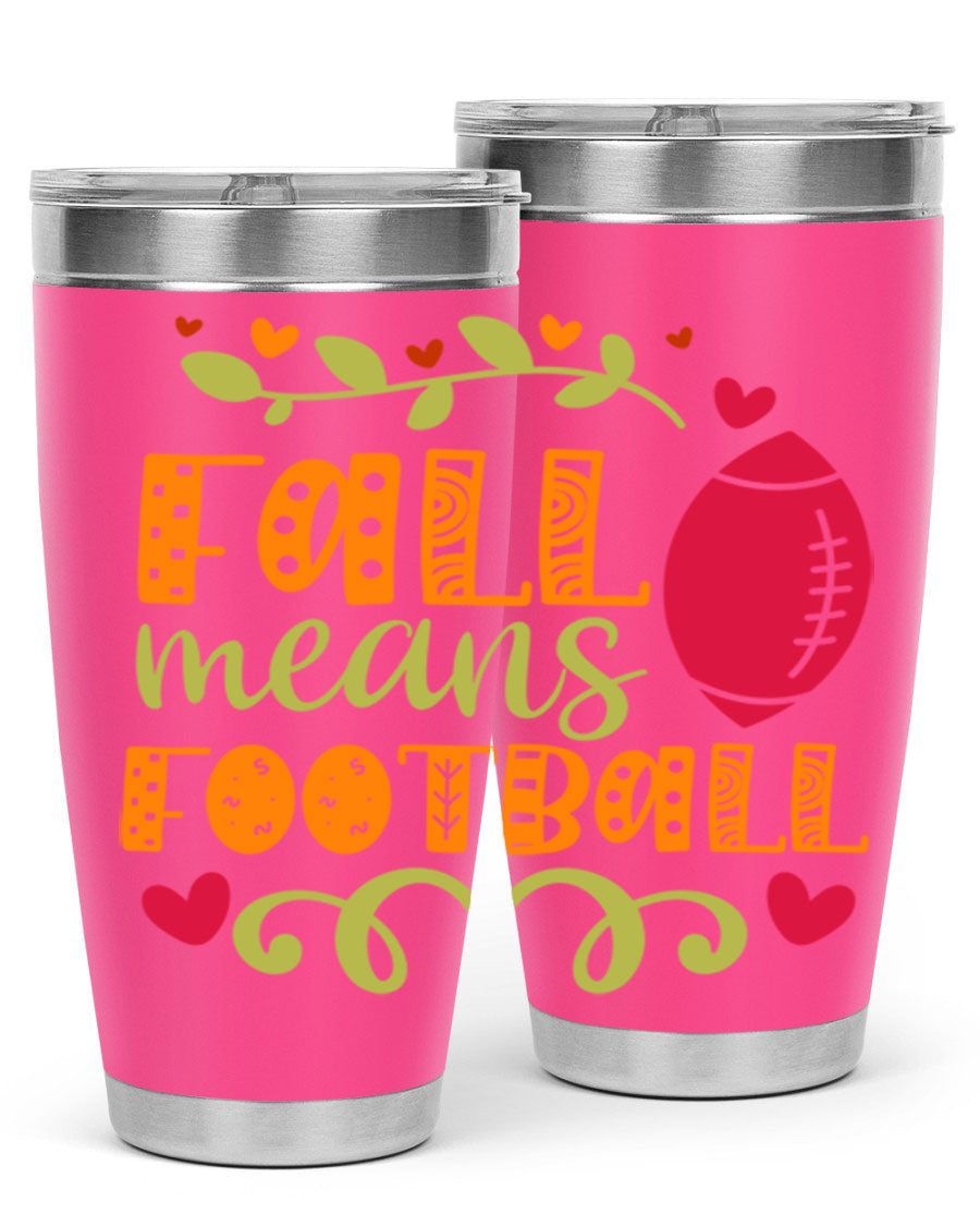 Fall Means Football 20oz Tumbler featuring double wall vacuum stainless steel design with copper lining, perfect for hot and cold beverages.