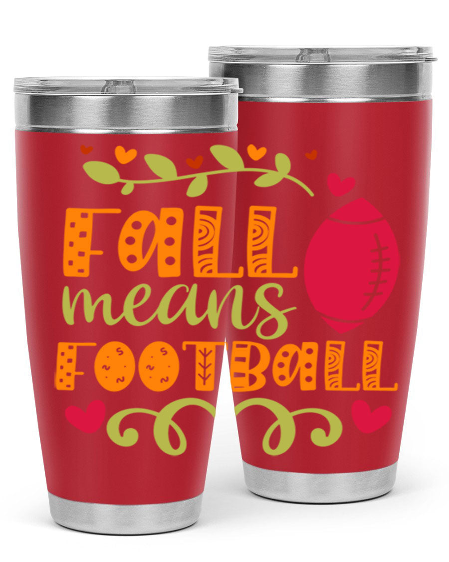 Fall Means Football 20oz Tumbler featuring double wall vacuum stainless steel design with copper lining, perfect for hot and cold beverages.