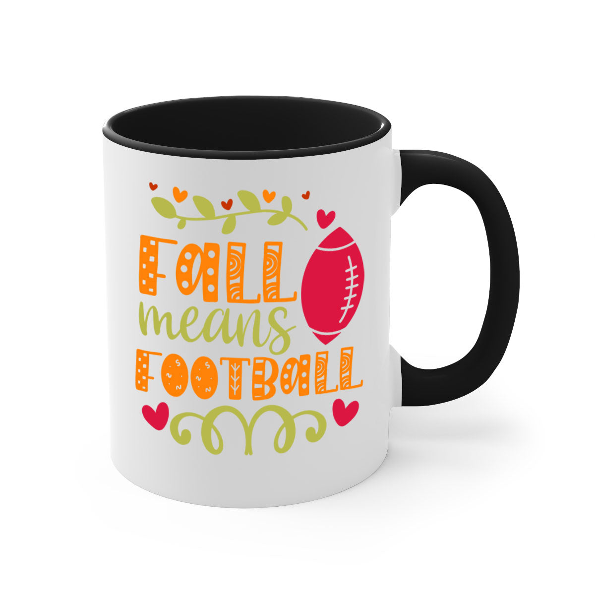 Fall Means Football Mug with two-tone design, featuring a colored handle and interior, perfect for coffee and tea lovers.