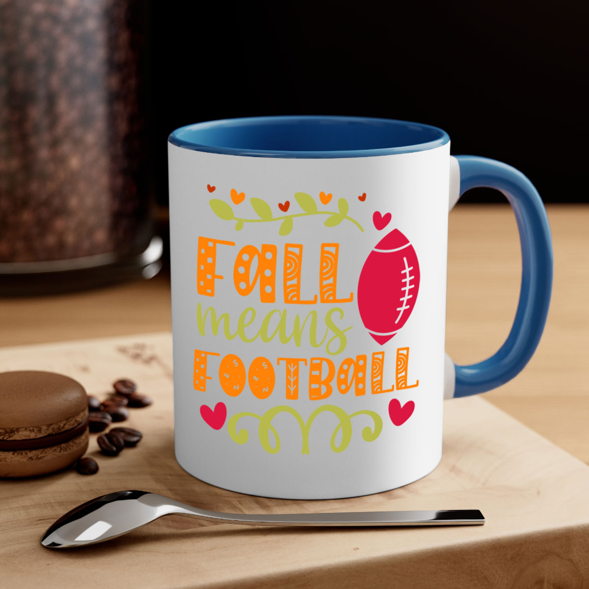 Fall Means Football Mug with two-tone design, featuring a colored handle and interior, perfect for coffee and tea lovers.