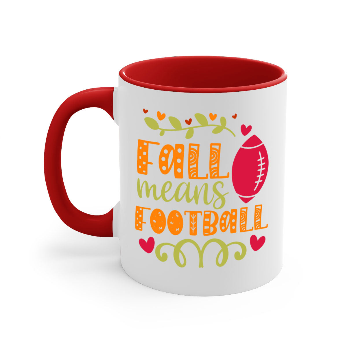 Fall Means Football Mug with two-tone design, featuring a colored handle and interior, perfect for coffee and tea lovers.