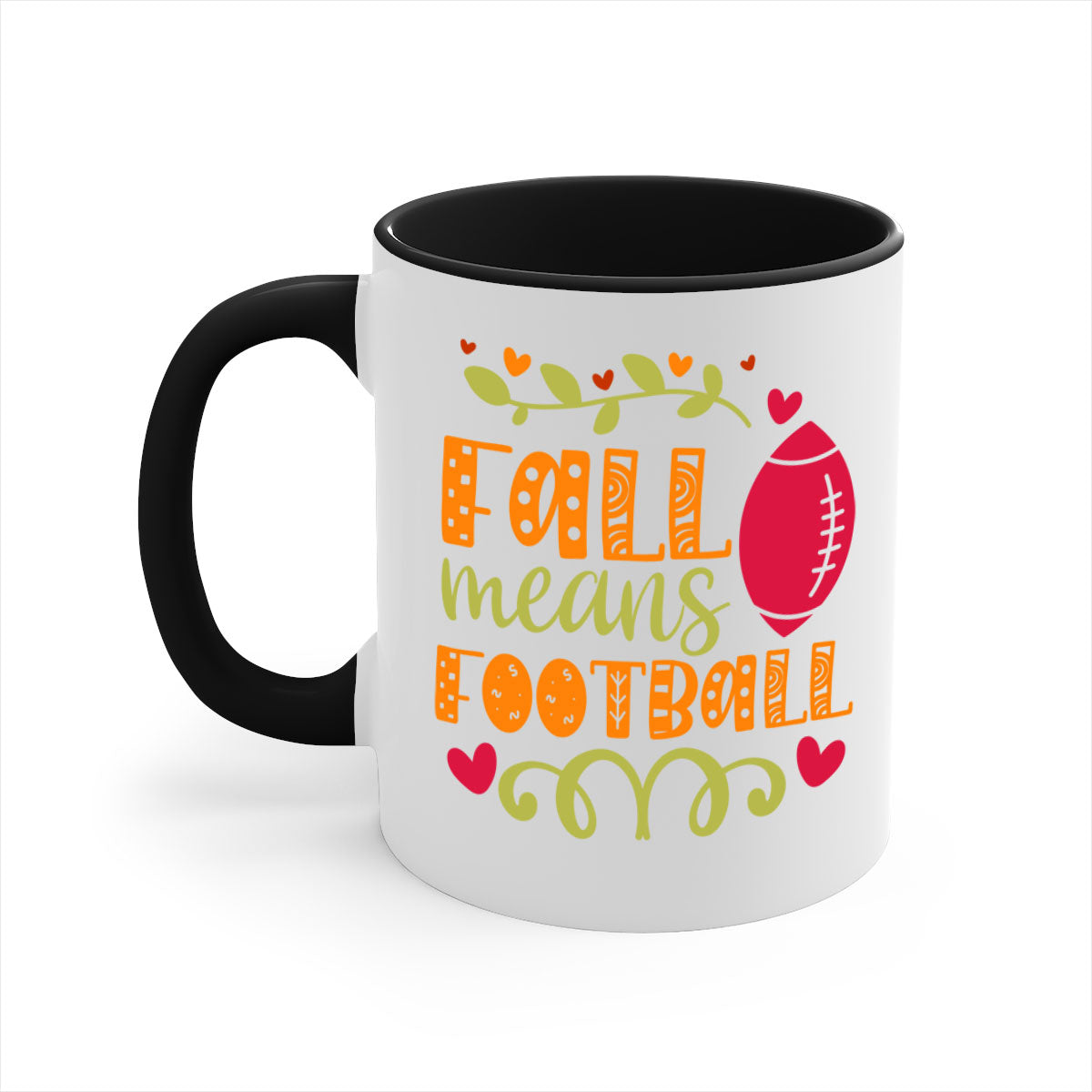 Fall Means Football Mug with two-tone design, featuring a colored handle and interior, perfect for coffee and tea lovers.